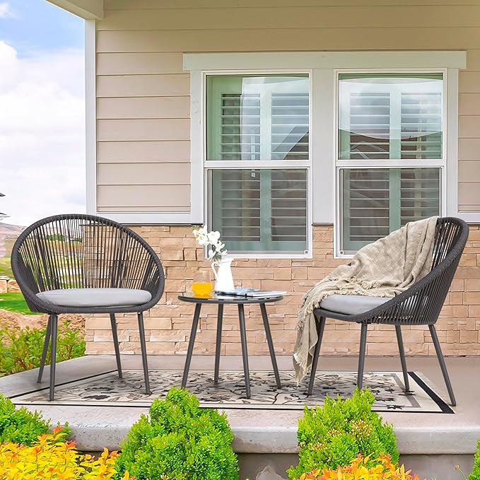 NUU GARDEN 3 Piece Outdoor Bistro Set, Woven Rope Conversation Patio Set, All Weather Patio Furniture Chairs and Table with Cushions for Garden, Deck, Backyard, Balcony, Porch, Dark Gray