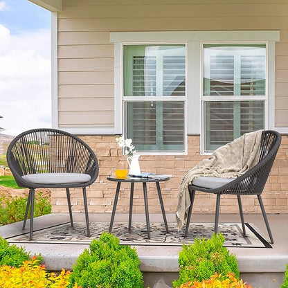 NUU GARDEN 3 Piece Outdoor Bistro Set, Woven Rope Conversation Patio Set, All Weather Patio Furniture Chairs and Table with Cushions for Garden, Deck, Backyard, Balcony, Porch, Dark Gray