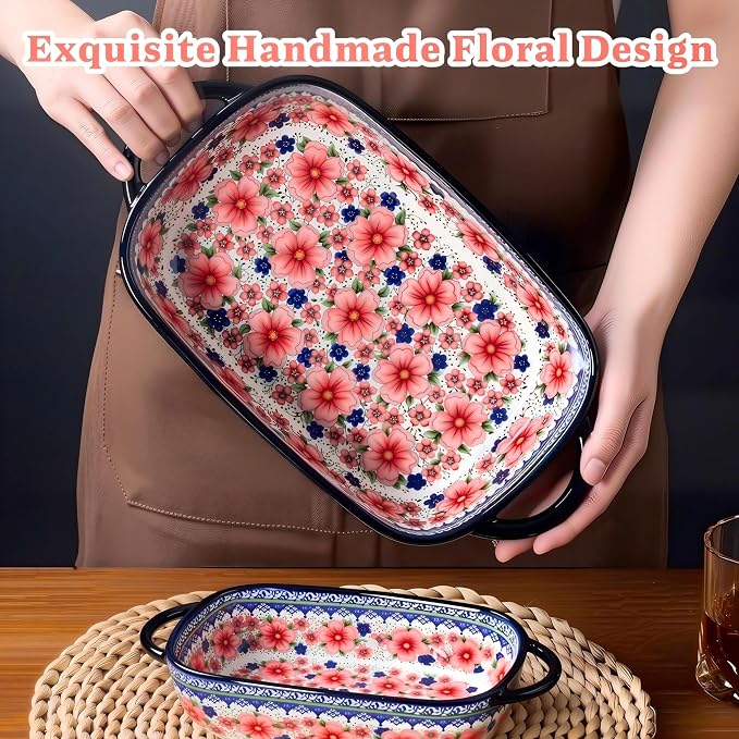 Ceramic Casserole Dishes for Oven, Hand-painted Polish Pottery Baking Dish Set of 2, 0.8QT / 2QT Porcelain Casserole Dishes with Handles, Baking Pan Lasagna Pan, Gift for Family/Friend (Red)