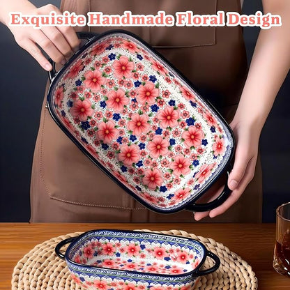 Ceramic Casserole Dishes for Oven, Hand-painted Polish Pottery Baking Dish Set of 2, 0.8QT / 2QT Porcelain Casserole Dishes with Handles, Baking Pan Lasagna Pan, Gift for Family/Friend (Red)