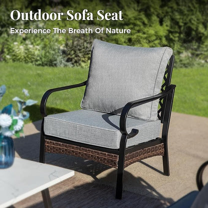 Patio Furniture Set with Firepit Table, Black Frame Outdoor Conversation Set with 2 x Fixed Chairs, 1 x 3-Seat Sofa for Lawn Garden Backyard, Grey
