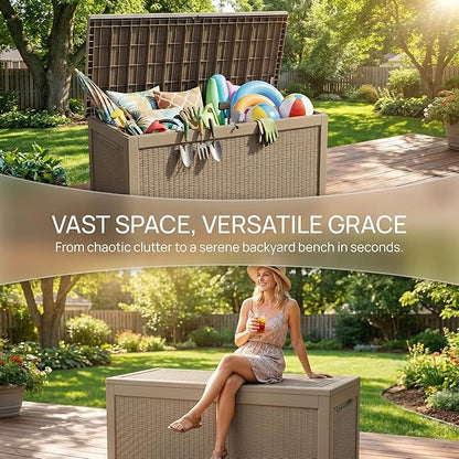 260 Gallon Deck Box, Waterproof Resin Outdoor Storage Box Lockable for Patio Furniture, Fade Resistant Patio Side Table & Organizer for Garden Tools, Pool Float, Outdoor Cushions, Light Coffee