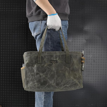 Canvas Tool Tote Bag | 16OZ Waxed Canvas Tool Carrying Bag - with 8 Pockets & Top Metal Support Rods, Rectangular Top Open Tool Tote Bag for Chisels Wrench Hammer Level | Army Green