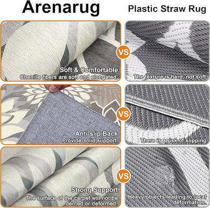 8x10 Outdoor Area Rug Washable Multicolored Patio Rug Tropical Botanical Floral Chenille Waterproof Outdoor Carpet Non-Slip for Deck, Backyard, Porch, Taupe