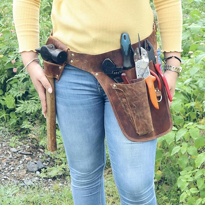 Brown Leather Belts for Construction, Gardener - Waist Pouch for Electrician, Carpenter and Construction Belt Bag - Premium Handmade Full Grain Genuine Leather Florist Tool Belt