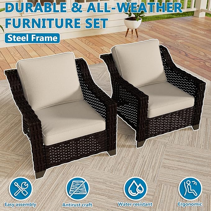 VistaVibe 2 Pieces Outdoor Armchairs, Patio Conversation Furniture Set, Washable Cushions, Luxurious Hand-Woven PE Rattan, Garden, Bistro, Deck, Backyard (Brown/Beige)