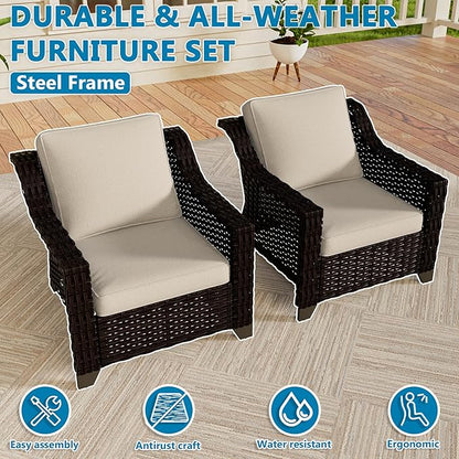 VistaVibe 2 Pieces Outdoor Armchairs, Patio Conversation Furniture Set, Washable Cushions, Luxurious Hand-Woven PE Rattan, Garden, Bistro, Deck, Backyard (Brown/Beige)