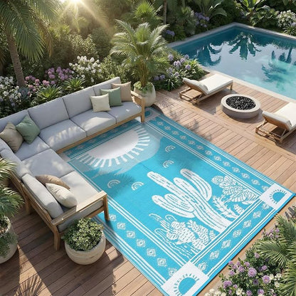 Garvee Waterproof Outdoor Rug 5x8, Cactus Botanical Outdoor Plastic Straw Rug for Camping, Reversible RV Mat Outside, Indoor Outdoor Carpet for Porch, Deck, Backyard, Balcony, Teal Blue