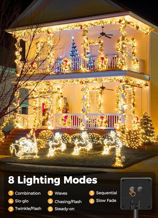 Solar String Lights for Outside, 2-Pack 200LED 78FT Total Solar Lights Outdoor IP65 Waterproof Solar Powered Lights with 8 Lighting Modes for Party Garden Yard Holiday Tree Decoration, Warm White