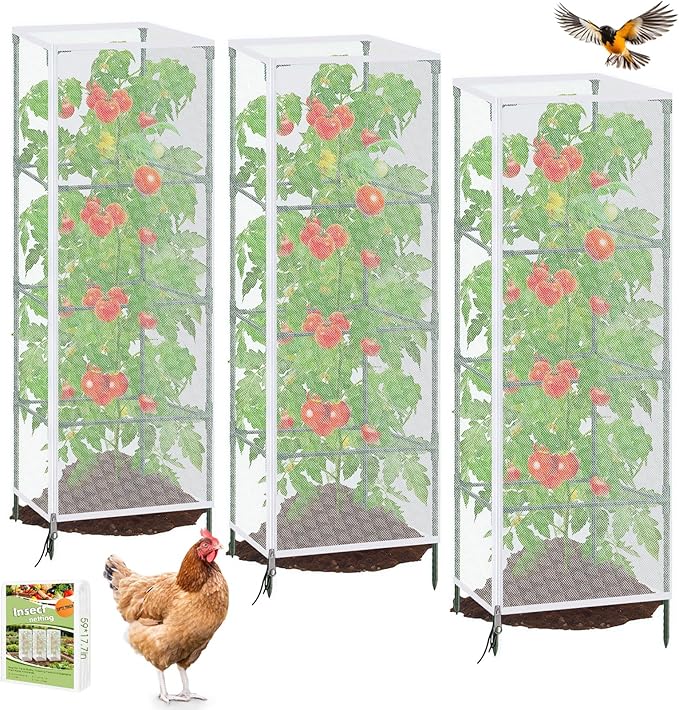 3 Pack Garden Bird Netting Plant Cover for Square Tomato Cages Protection, 59"x18" Insect Bird Barrier Garden Plant Netting Tomato Trellis Protective Cover with Zipper & Drawstring