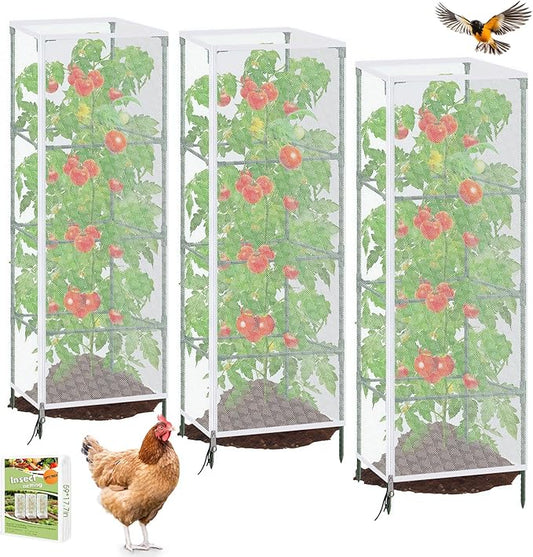 3 Pack Garden Bird Netting Plant Cover for Square Tomato Cages Protection, 59"x18" Insect Bird Barrier Garden Plant Netting Tomato Trellis Protective Cover with Zipper & Drawstring