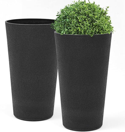 24" Resin Planters Set of 2 Outdoor Large Plant Pot Tall Flower Pots for Indoor Plants Garden Pot w/Drainage Hole Obsidian Leather Planter for Porch, Patio, Deck Living Room Home Decor
