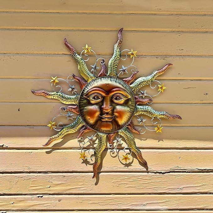 TERESA'S COLLECTIONS Sun Metal Wall Art for Outdoor Decor,25" Bronze Sun Face 3D Wall Decor for Garden Decor,Rustic Retro Hanging Sculpture for Outside Living Room Home Patio Farmhouse Gifts for Mom