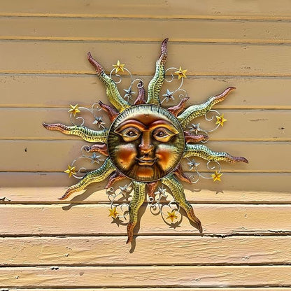 TERESA'S COLLECTIONS Sun Metal Wall Art for Outdoor Decor,25" Bronze Sun Face 3D Wall Decor for Garden Decor,Rustic Retro Hanging Sculpture for Outside Living Room Home Patio Farmhouse Gifts for Mom