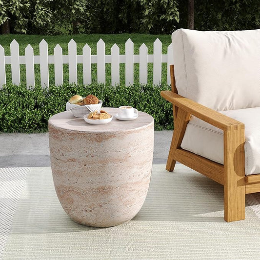 Christopher Knight Home Jaym 15.75" H Indoor Outdoor Accent Side Table, Patio Decorative End Table, Barrel-Shaped Lightweight Concrete Garden Stool for Patio Balcony & Garden Decor, Travertine