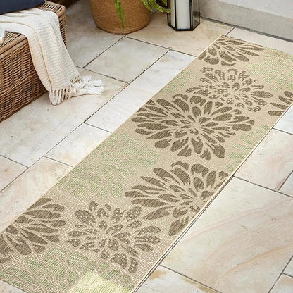 JONATHAN Y Floral Textured Weave Indoor Outdoor Runner Rug 2X8 Sage/Brown, Zinnia Modern for Backyard, Patio, Porch, Easy-Cleaning, High Traffic, Pet-Friendly, Non-Shedding (SMB110A-28)