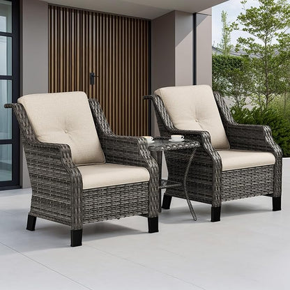 Patio Furniture Set 3 Pieces-Patio Chairs Set of 2 and A Side Table with Thick Cushions and All-Weather PE Wicker for Garden, Patio and Porch, Beige