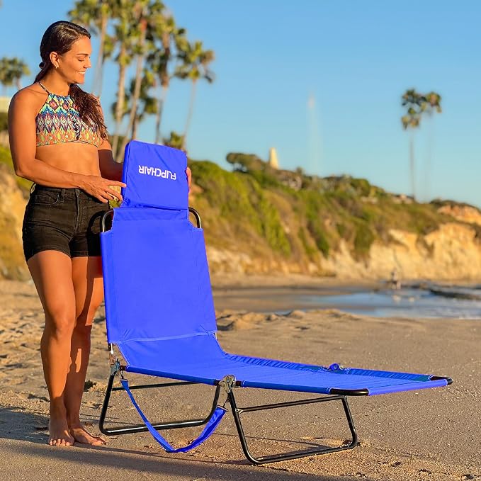 EASYGO Products Pool Chair Chaise Lounge 2 Legs Support Polyester Material Reclining Backrest Head Rest Pillow Great for Beach, Home, Backyard, Outdoor, Patio, Pool, Camping, Lawn or Deck Color TAN