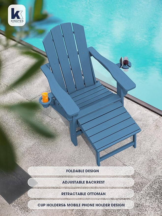 KINGYES Folding Adjustable Adirondack Chair with Ottoman & 2 Cup Holders Set of 4, HDEP Reclining Adirondack Chair with Footrest, Blue