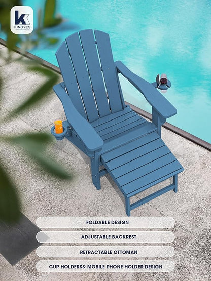 KINGYES Folding Adjustable Adirondack Chair with Ottoman & 2 Cup Holders Set of 4, HDEP Reclining Adirondack Chair with Footrest, Blue
