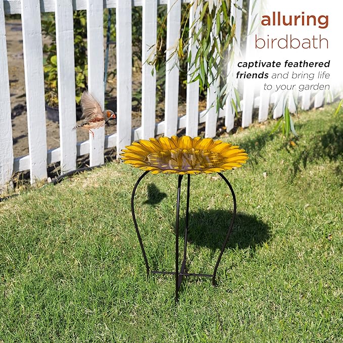 Alpine Corporation 19" H Outdoor Metal Birdbath w/Stylish Stand, Embossed Sunflower Birdbath Bowl and Stand Set, Yellow