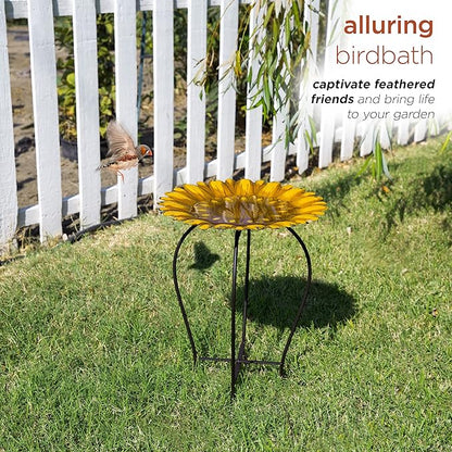 Alpine Corporation 19" H Outdoor Metal Birdbath w/Stylish Stand, Embossed Sunflower Birdbath Bowl and Stand Set, Yellow