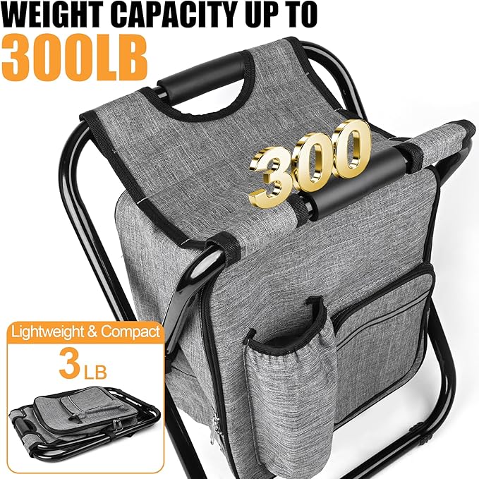 Kikerike Backpack Stool Cooler Chair Heavy Duty 300 LBS Max Load Portable Lightweight Stool Backpack Folding Fishing Cooler Seat for Camping Hunting Fishing - Gray