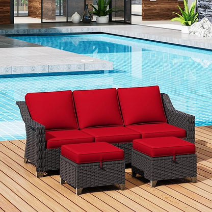 3 Pieces Outdoor Conversation Furniture Set - 77" Patio Sofa, 2 Rattan Wicker Ottomans, Patio Wicker Couch Set with Water-Resistant and Washable Cushions for Sunroom, Deck, Porch (Red)