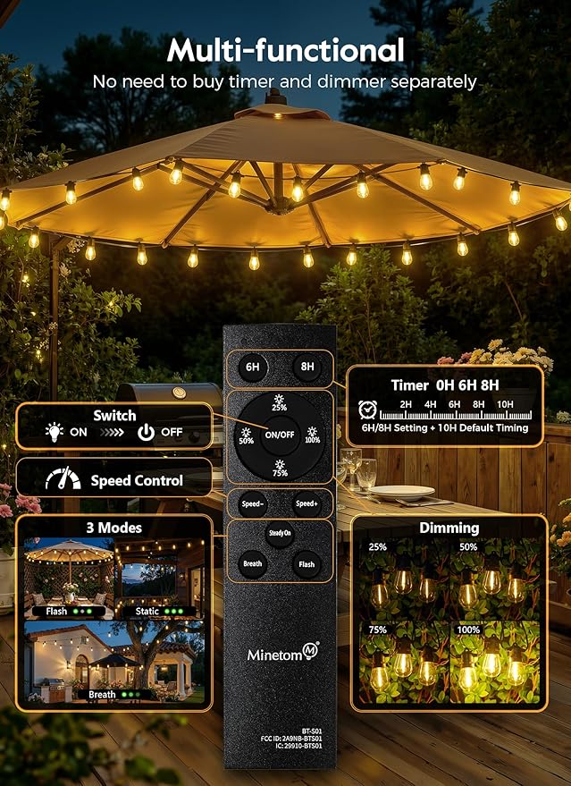 Minetom 163FT Solar String Lights Outdoor Waterproof, 52 LED S14 Shatterproof Bulb, Patio Lights with Remote Type-C Port Timable, 3 Light Modes Dimmable Solar String Lights for Outside, Yard, Camping