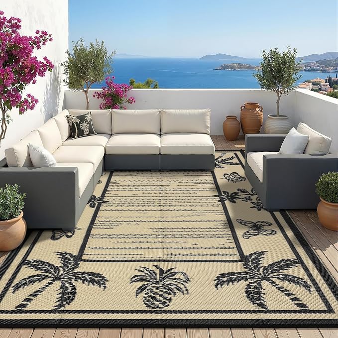 Garvee Outdoor Rug 8x10 Waterproof for Patios, Reversible Plastic Straw Rug, Tropical Leaf Indoor Outdoor Rugs, Large Area Rug for RV, Camping, Deck, Picnic Mat, Outside Carpet
