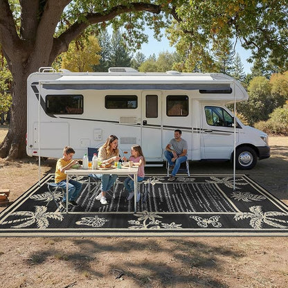 Garvee Outdoor Rug 9x12 Waterproof for Patios, Reversible Plastic Straw Rug, Tropical Leaf Indoor Outdoor Rugs, Large Area Rug for RV, Camping, Deck, Picnic Mat, Outside Carpet