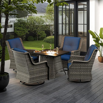 5-Piece Patio Furniture Set Includes 4 Swivel Rocker Chair and 1 Fire Pit, Wicker Conversation Set with Cushion Blue