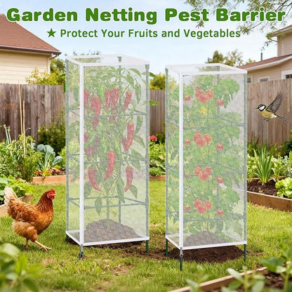3 Pack Garden Bird Netting Plant Cover for Square Tomato Cages Protection, 59"x18" Insect Bird Barrier Garden Plant Netting Tomato Trellis Protective Cover with Zipper & Drawstring