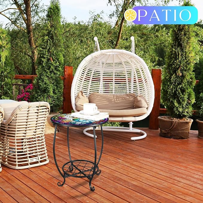 Cinnvoice Outdoor Side Table Round Small Mosaic Patio Accent Indoor End Plant Coffee Tea Table for Yard Patio Porch Garden Living Room, Bedroom(Mermaid Style,14 Inch)
