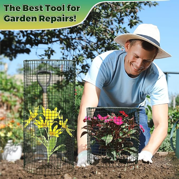 Hiboom 4 Set Garden Plant Protectors from Animals with Stakes, Metal Mesh and Detachable Covers Wire Plant Cage for Keeping Bunny Animals Out, Chicken Wire Cover Garden Protection (15.7x13)
