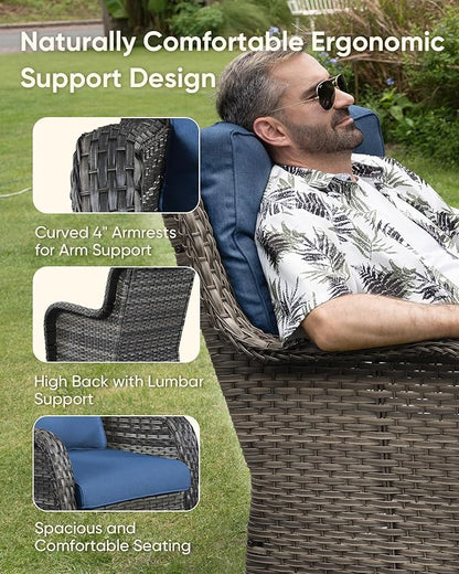 HUMMUH Outdoor Wicker Patio Chairs Set of 2 PE Rattan Patio Seating Chairs High Back Curved Armrest Porch Chairs with 4 inch Seat Cushions