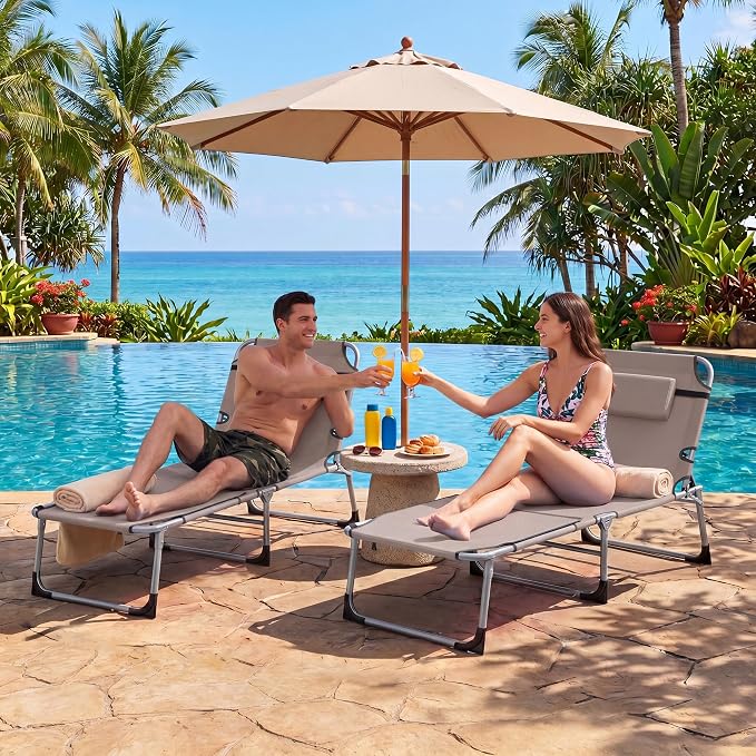 Giantex Tanning Chair, 330Lbs Beach Chair with 5 Adjustable Position, Face & Arm Hole, Hand/Shoulder Strap, Removable Pillow, Side Pocket, Chaise Lounger, Lounge Chair for Sunbathing Outdoor, Beige