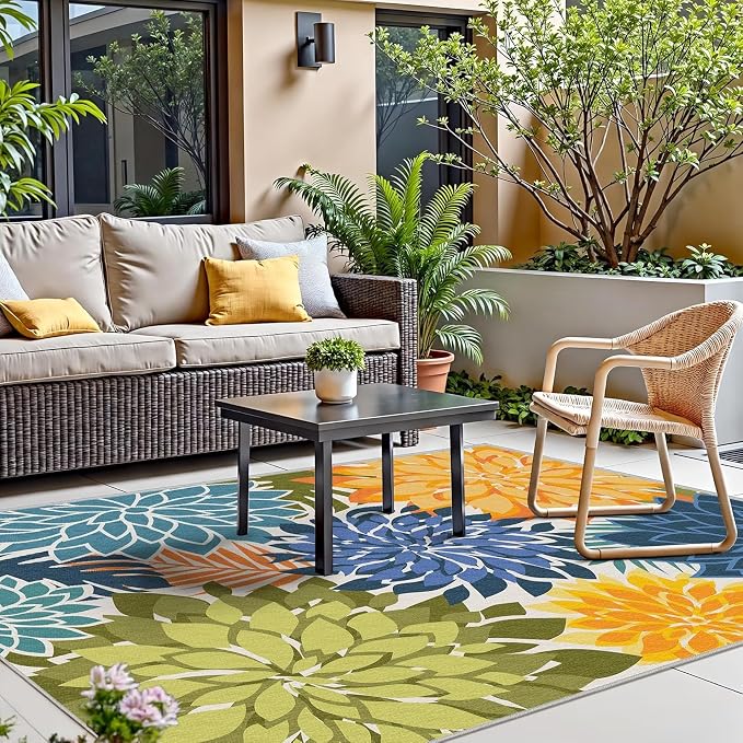 4x6 Washable Rug for Living Room Tropical Botanical Modern Floral Chenille Area Rugs Low Pile Non Slip Carpet for Patio, Bedroom, Laundry, Green