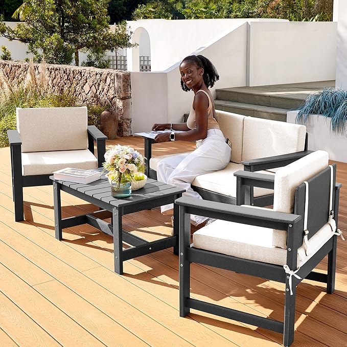 SERWALL 6 Pieces HDPE Outdoor Sofa Set with Cushions, Outdoor Conversation Couch Loveseat Furniture Set with Coffee Table for Balcony, Deck, Poolside, Grey Frame with Khaki Cushions