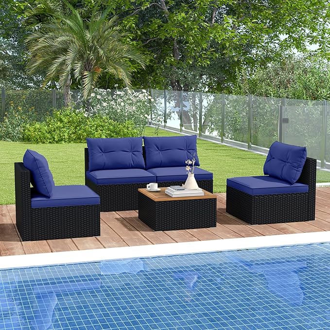 RELAX4LIFE 5-Piece Wicker Outdoor Furniture - PE Rattan Sectional Conversation Set w/4 Armless Sofas & Acacia Wood Coffee Table, Cushioned Patio Sofa Set for Garden Poolside Backyard Porch (Navy)
