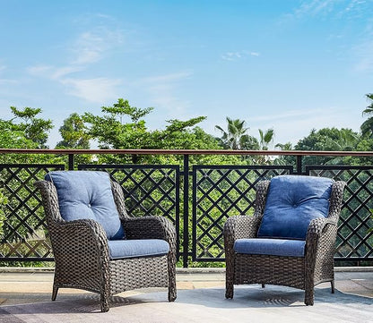 Rilyson Outdoor Furniture Set, 5-Piece Patio Rattan Wicker Sectional Sofa Set with 3-Seat Couch, 2 Armchairs, 2 Ottoman Footrests for Patio Conversation (5 PC,Brown/Blue)
