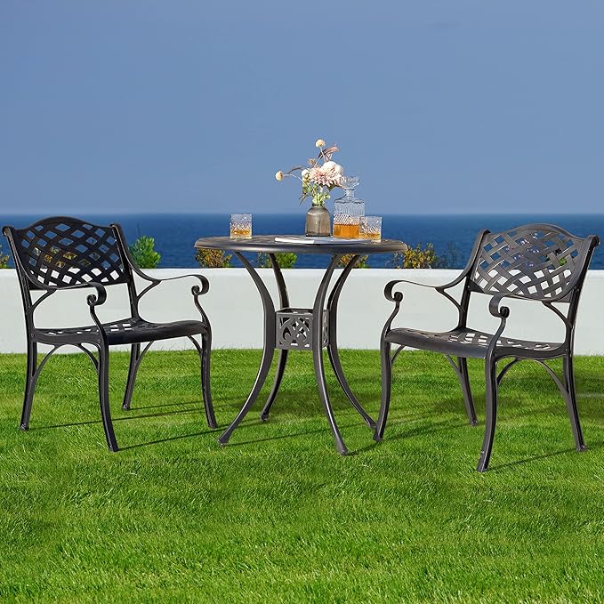NUU GARDEN 3 Piece Outdoor Cast Aluminum Bistro Table Set Rustproof Table and Chairs with Umbrella Hole for Backyard, Balcony, Front Porch, Black