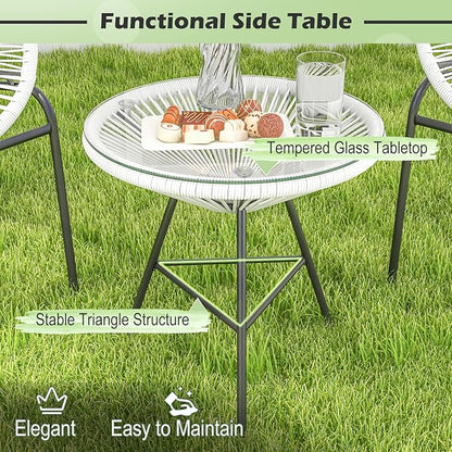 COSTWAY 3-Piece Outdoor Acapulco Chair Set, Wicker Conversation Bistro Sets with Plastic Rope, Glass Top Table, Patio Rattan Furniture Set for Garden, Balcony, Lawn, Backyard, Apartment, White