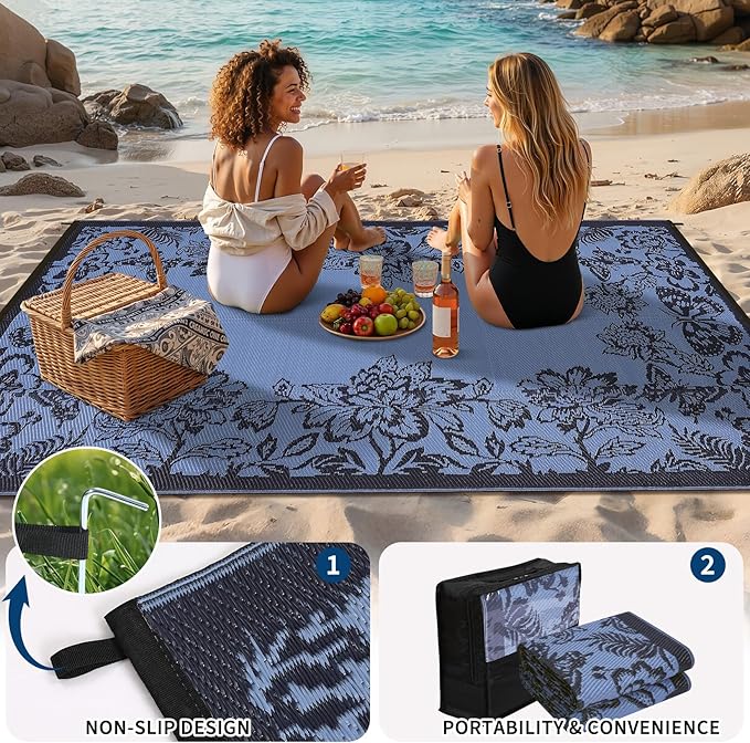 Garvee 5’x8’ Waterproof Patio Outdoor Rug, Outdoor Plastic Straw Rug for Camping, RV Mat Outside, Indoor Outdoor Carpet for Porch, Deck, Backyard, Balcony, Picnic, Dark Blue & Teal