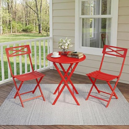 GarveeTech 3-Piece Folding Bistro Set, Heavy Duty Outdoor Patio Furniture with 2 Chairs & 1 Table, Weather-Resistant Steel Frame, No Assembly Required for Garden, Yard, Balcony,Red