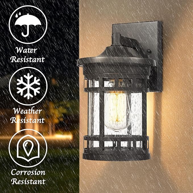 Bestshared Outdoor Wall Mount Lantern Anti-Rust Porch Light Fixtures Waterproof Wall Lamp Light Seeded Glass Exterior Sconce Lighting for Porch Patio Garage Front Door Entryway (Black, 12 Inch Height)