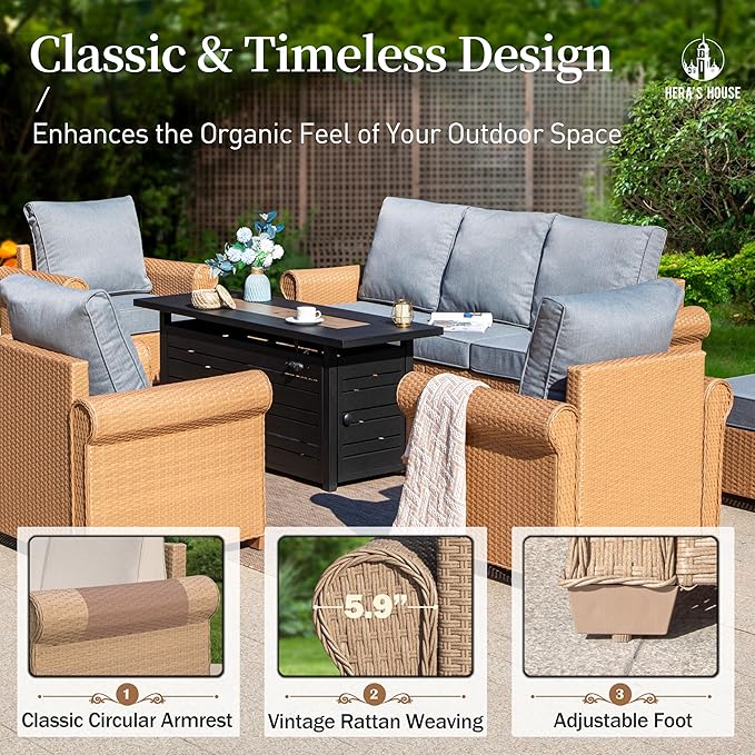 HERA'S HOUSE 4 Pieces Patio Furniture Set, All Weather 5 Seats Outdoor Wicker Sofa with 44" Coffee Table, 5.5" Thick Waterproof Cushion Conversation Couch Set for Garden Deck Backyard, Grey