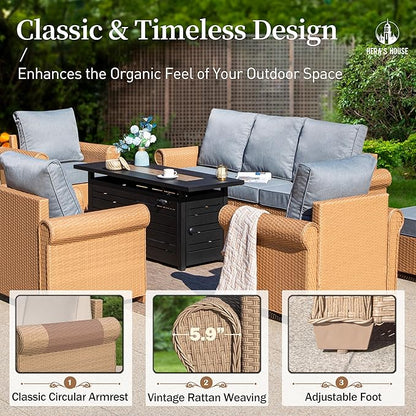 HERA'S HOUSE 4 Pieces Patio Furniture Set, All Weather 5 Seats Outdoor Wicker Sofa with 44" Coffee Table, 5.5" Thick Waterproof Cushion Conversation Couch Set for Garden Deck Backyard, Grey