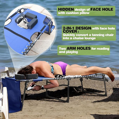 MUPATER Patio Chaise Lounge Chair with Face Hole for Outdoor, 4-Fold Ajustbale Backrest, Removable Pillow and Detachable Pocket, Portable Sun Lounger Recliner for Beach, Camping and Pool, Blue