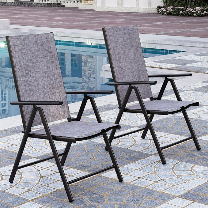 PHI VILLA Outdoor Patio Folding Chairs Set of 2, Portable Patio Dining Chairs with Adjustable Backrest for Outside, Garden, Lawn & Yard, No Assembly, Grey